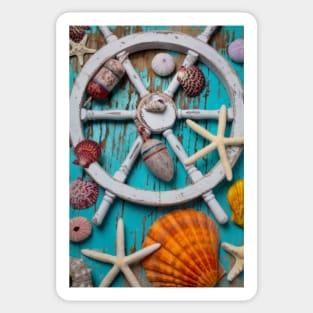 White Ships Wheel And Seashells Sticker